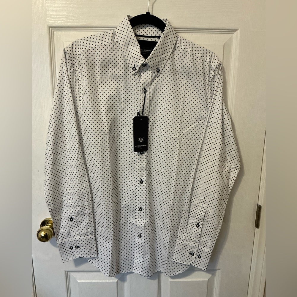 Lloyd and Jefferson Men’s Dress Shirt, White with Navy Print, Size S